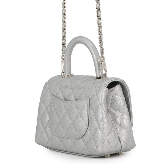 CHANEL Coco Handle 2WAYHandbag SilverAS2215 Caviar Leather Size XXS