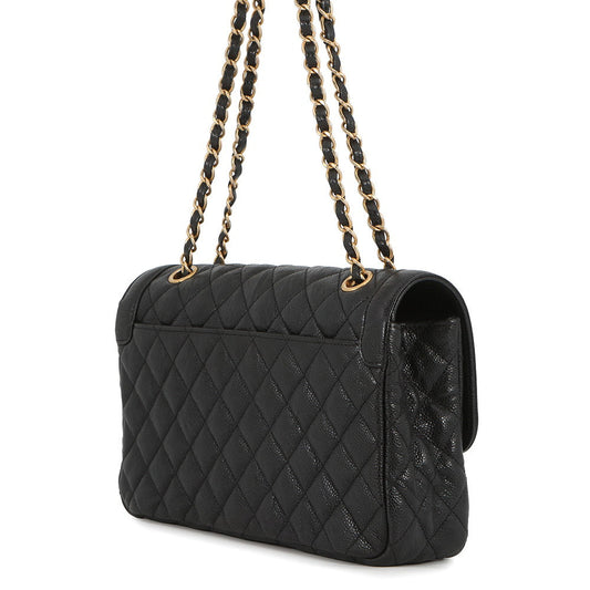 CHANEL Matelasse Single Flap W Chain Shoulder Bag Black Soft Caviar Leather
