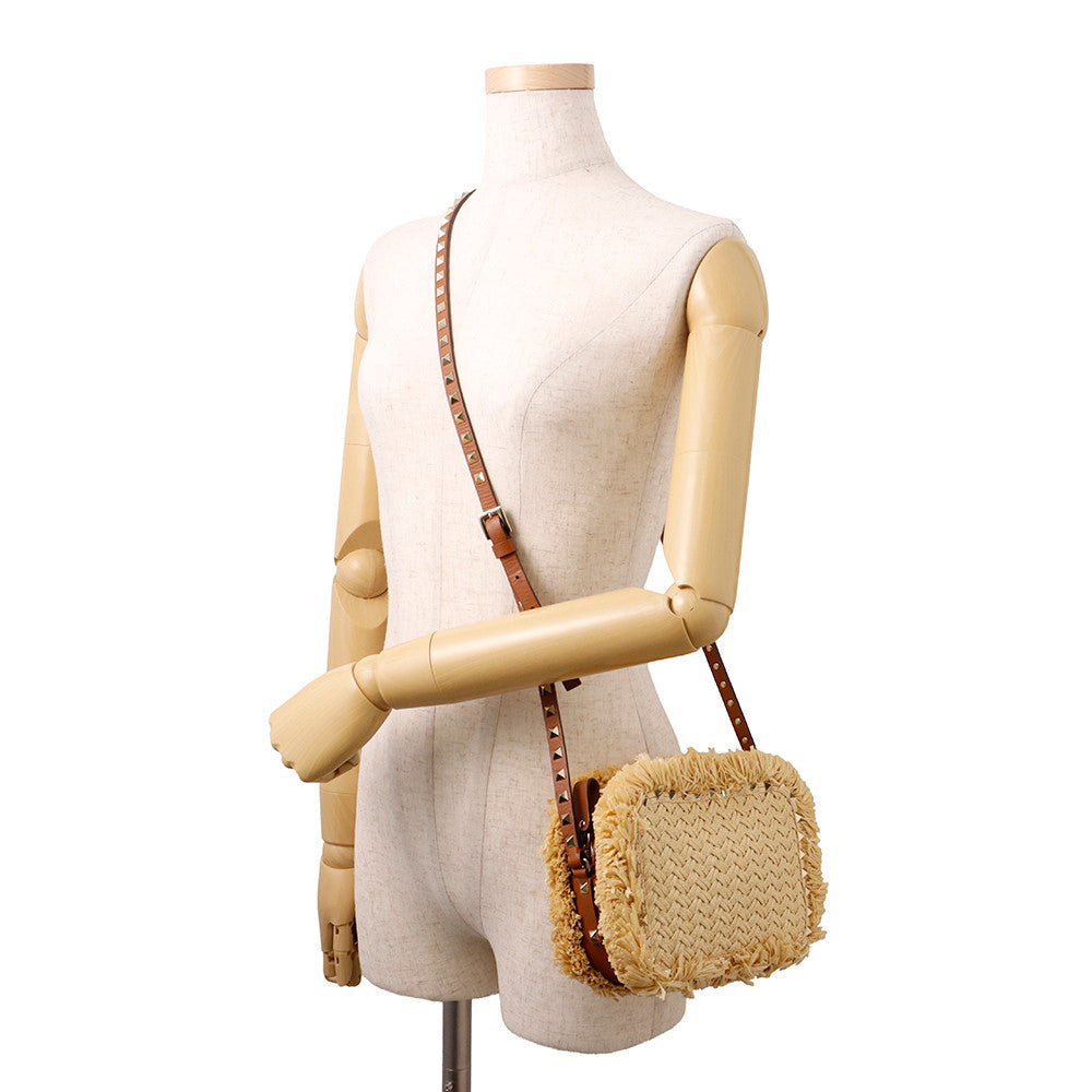 Valentino Garavani RockStudded Shoulder Bag Natural/BrownTW2B0809PWC_43S Straw Leather