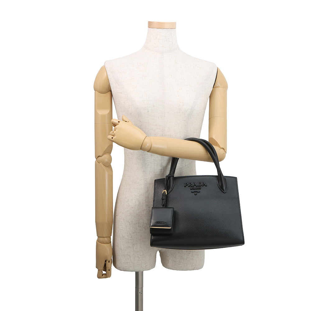 PRADA Mono Chrome 2-way Handbag Black1BA156 Saffiano LeatherLeather