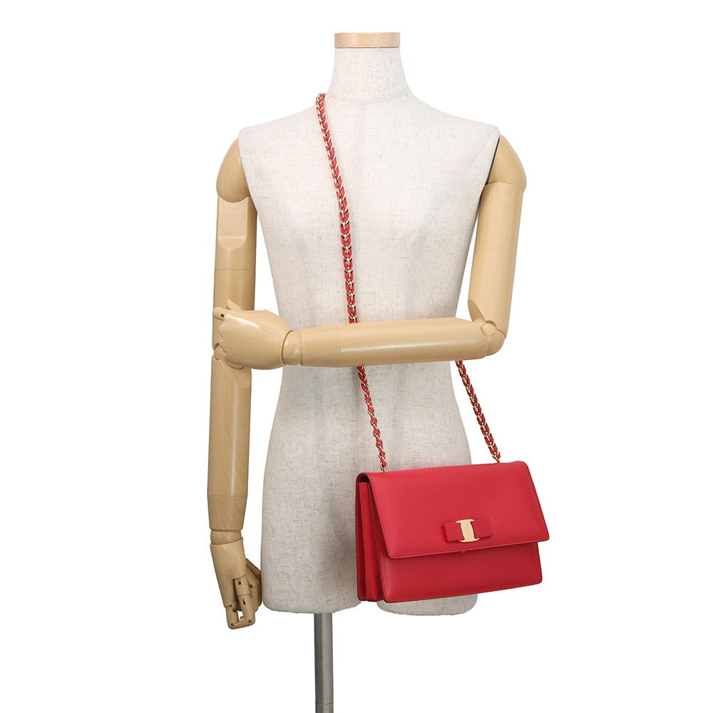 Ferragamo GINNY Vara Ribbon Chain Shoulder Bag Red21E480 Leather