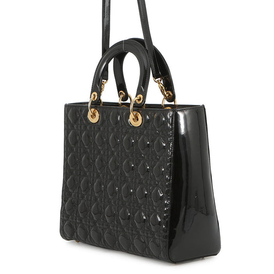 Dior Lady Dior 2way Bag Black Patent Leather Size Large