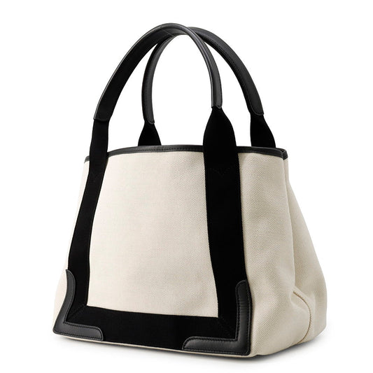 BALENCIAGA Navy Cabas Tote Bag White/Black339933 Canvas Leather Size S