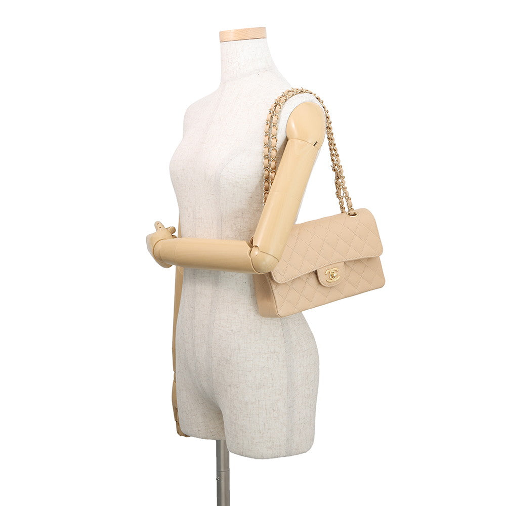 CHANEL Matelasse W flap ChainShoulder BeigeA01113 Caviar Leather Size 23