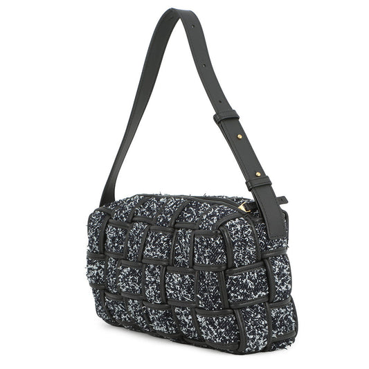 Bottega Veneta Maxi INTRECCIATO Brique Cassette Handbag IndigoBlack/White Tweed Leather