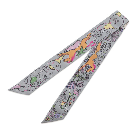 HERMES Twilly A Thousand and One Rabbits Mille et Un Lapins Gripere/Rose/Jaune Silk100%