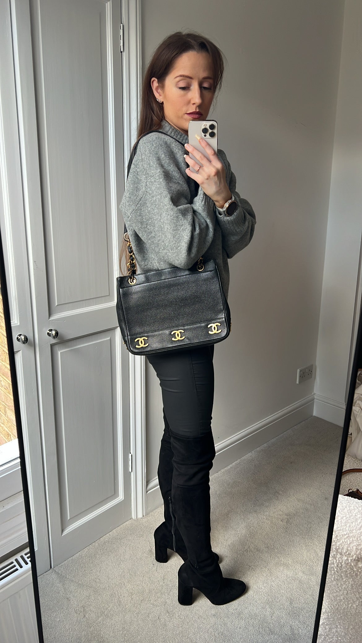 Chanel Vintage Black Caviar Chain Tote with 24k Gold Hardware