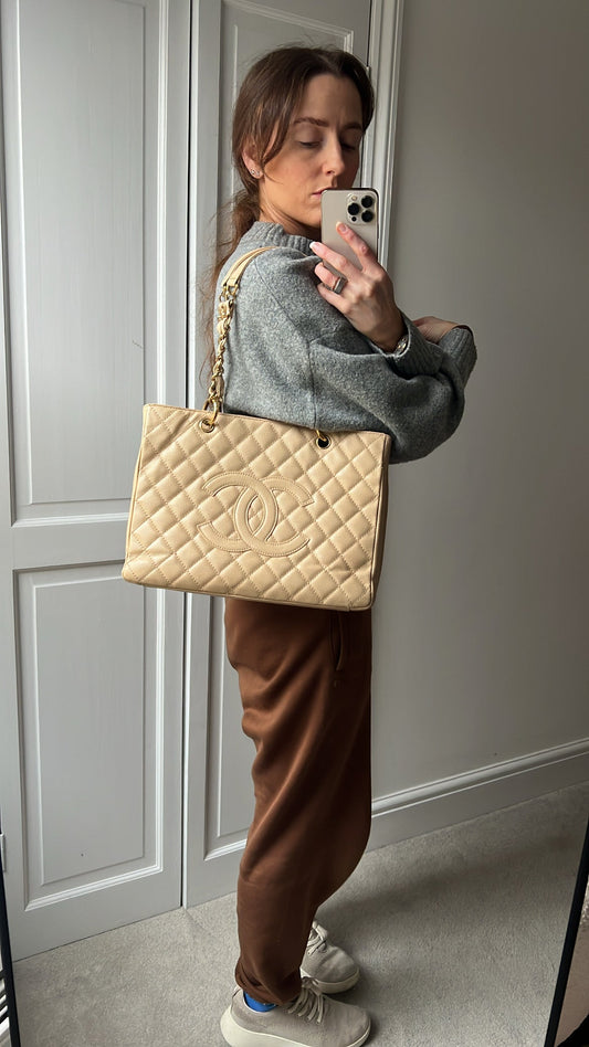 Chanel Beige Caviar Grand Shopper Tote gold hardware (GST)