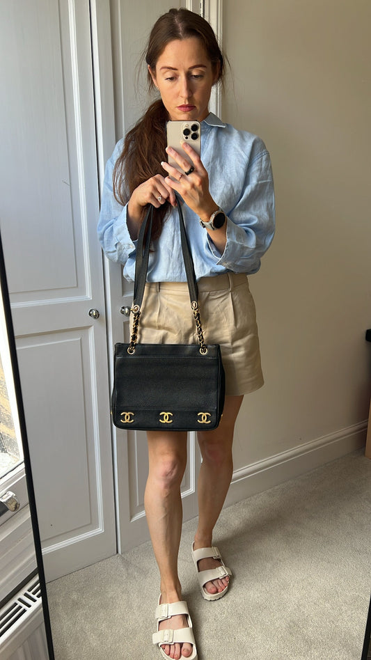 Chanel Vintage Black Caviar Chain Tote with 24k Gold Hardware