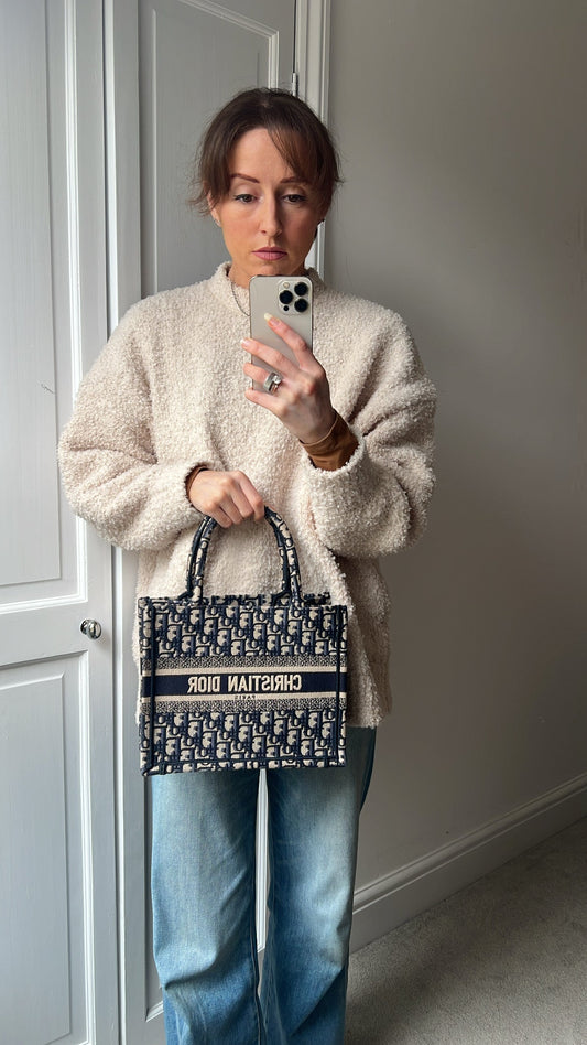 Christian Dior Small Book Tote in Ecru and Blue Dior Oblique Embroidery (RRP £2500)