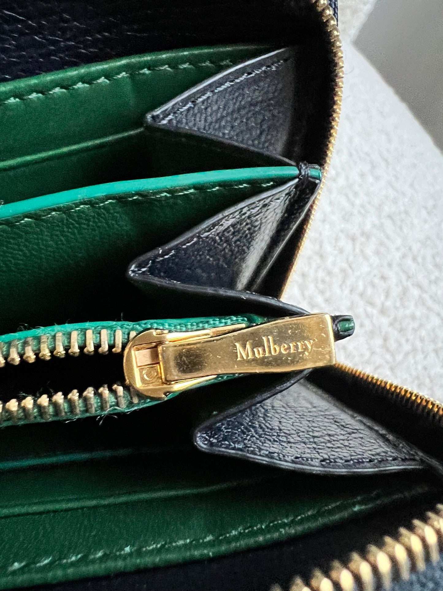Mulberry Medium Part Around Zip Wallet in Navy and Emerald Printed Goat