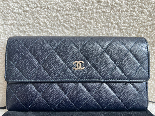 Chanel Navy Caviar Flap Wallet with silver Hardware
