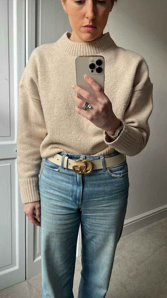 Gucci GG Marmont White Wide Leather Belt with Shiny Gold Buckle (RRP £410)