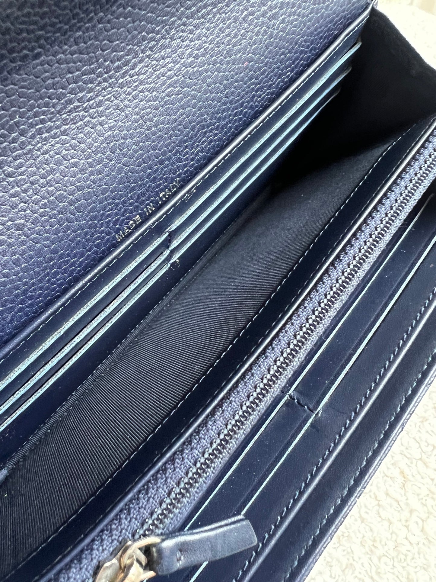 Chanel Navy Caviar Flap Wallet with silver Hardware