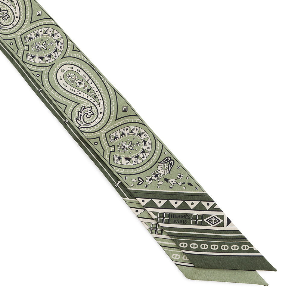 HERMES Twilly Cheval de Coeur Bandana Roden/Khaki/Cream Silk100%