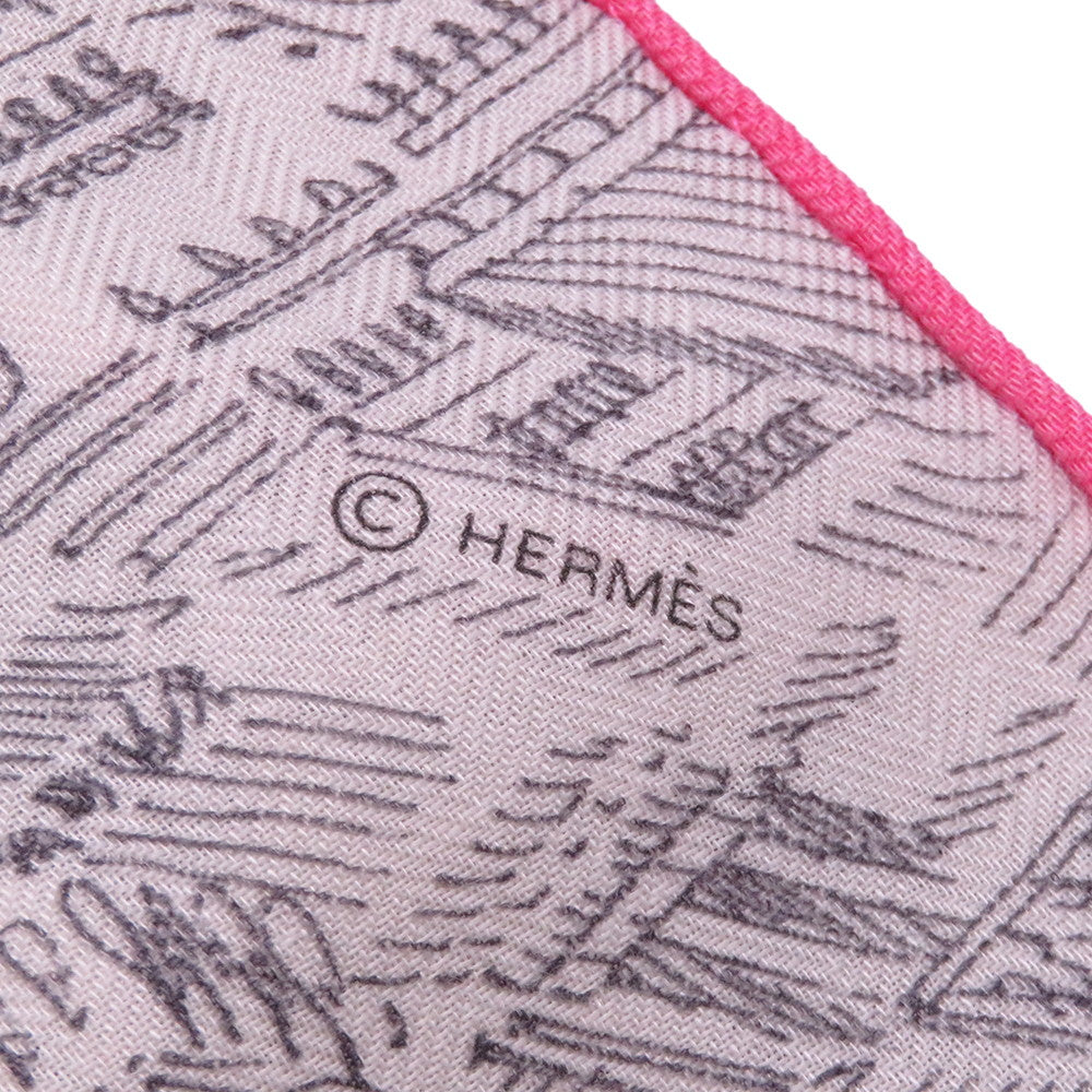 HERMES Carre Géant La Nouvelle Cite Cavaliere Size 140 White/Gray/Pink Cashmere70% Silk30%