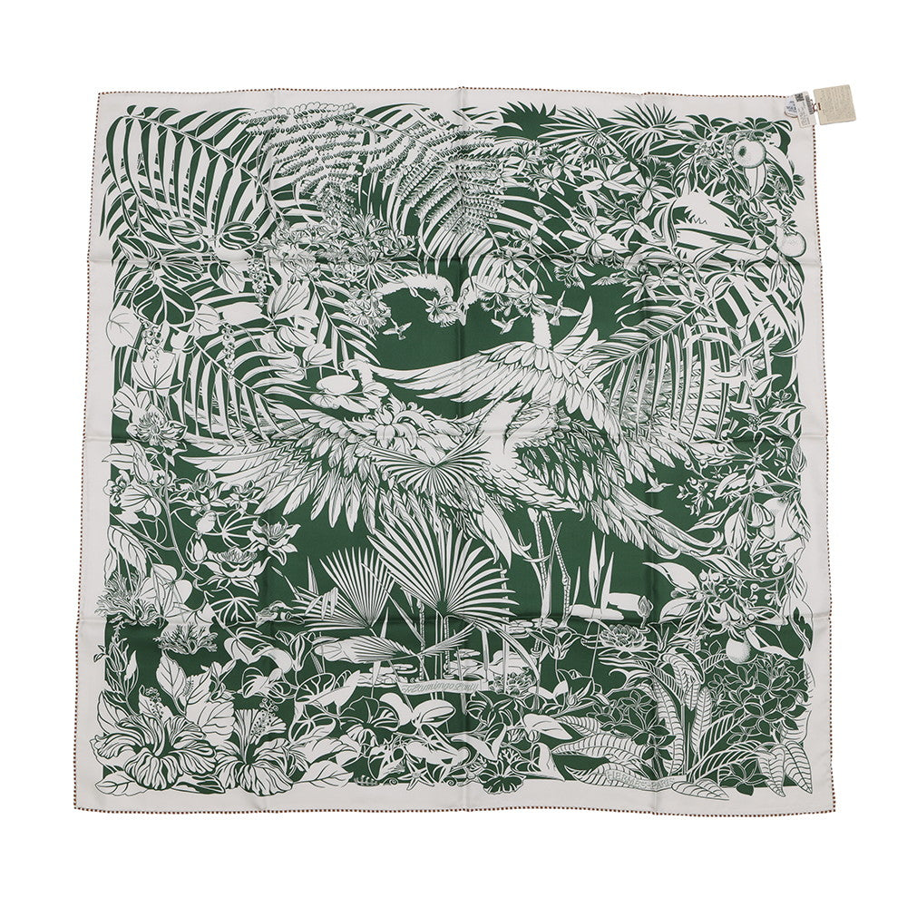HERMES Carre Double Face FLAMINGO PARTY Size 90 Black/White/Green Silk100%