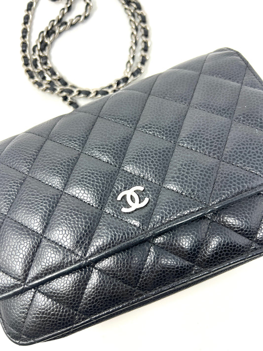Wallet on Chain Black Caviar Leather and Silver Hardware