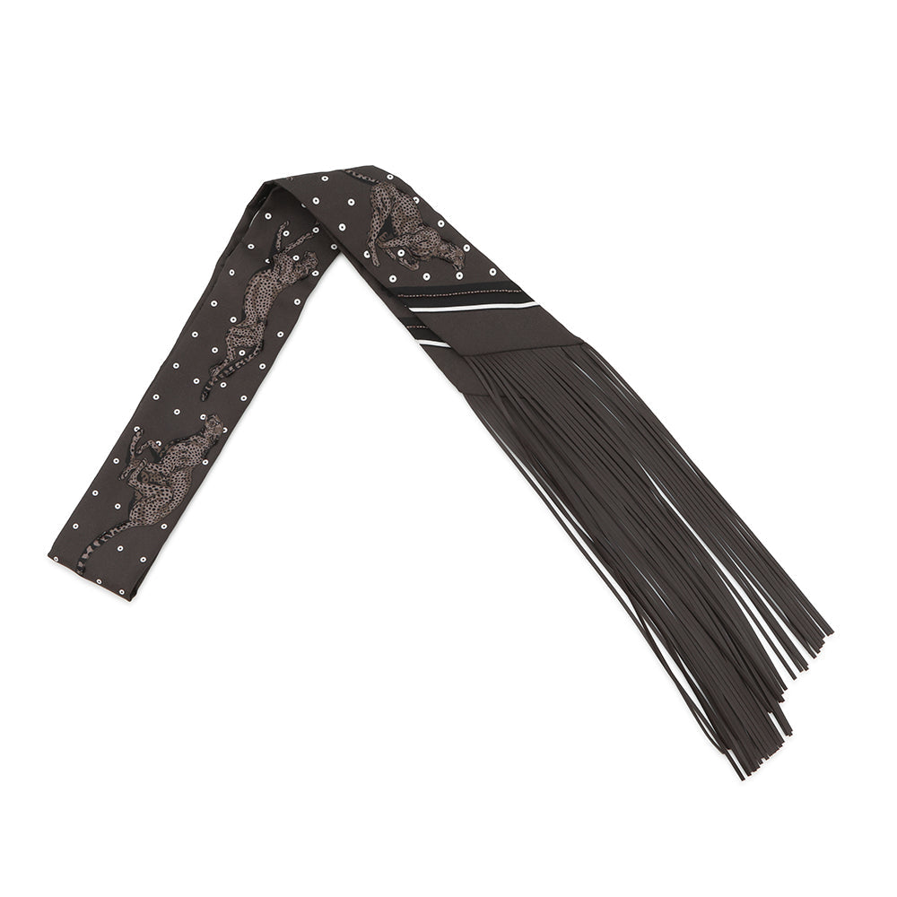 HERMES Gépard Bandana Frange Cuile Twilly Fringe Cacao/Blanc/Etoupe Silk Leather
