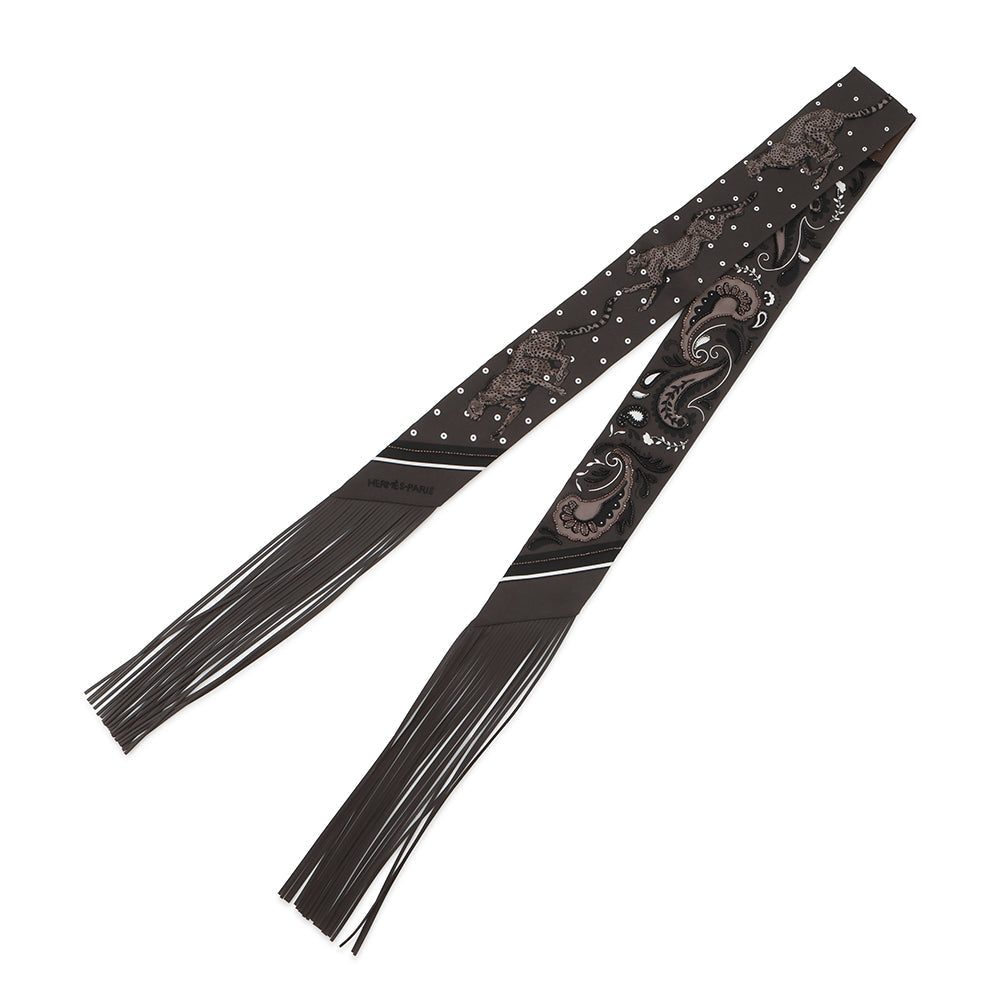 HERMES Gépard Bandana Frange Cuile Twilly Fringe Cacao/Blanc/Etoupe Silk Leather