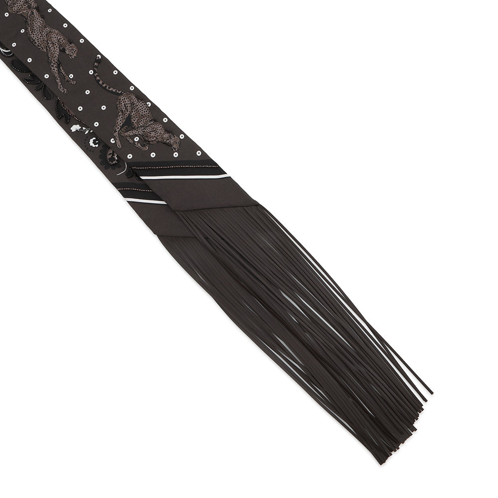 HERMES Gépard Bandana Frange Cuile Twilly Fringe Cacao/Blanc/Etoupe Silk Leather