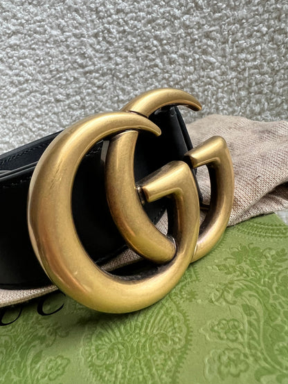 Gucci GG Marmont Black Wide Leather Belt with Shiny Gold Buckle (RRP £410)