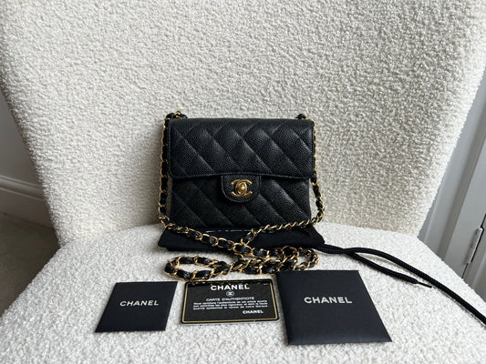 Chanel Square Mini Classic Flap in Black Caviar with gold hardware
