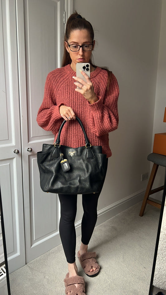 Prada Black Vitello Daino Side Pocket Tote