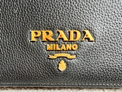Prada Vitello Phoenix Black Small Leather Crossbody Bag Web Stripe Strap