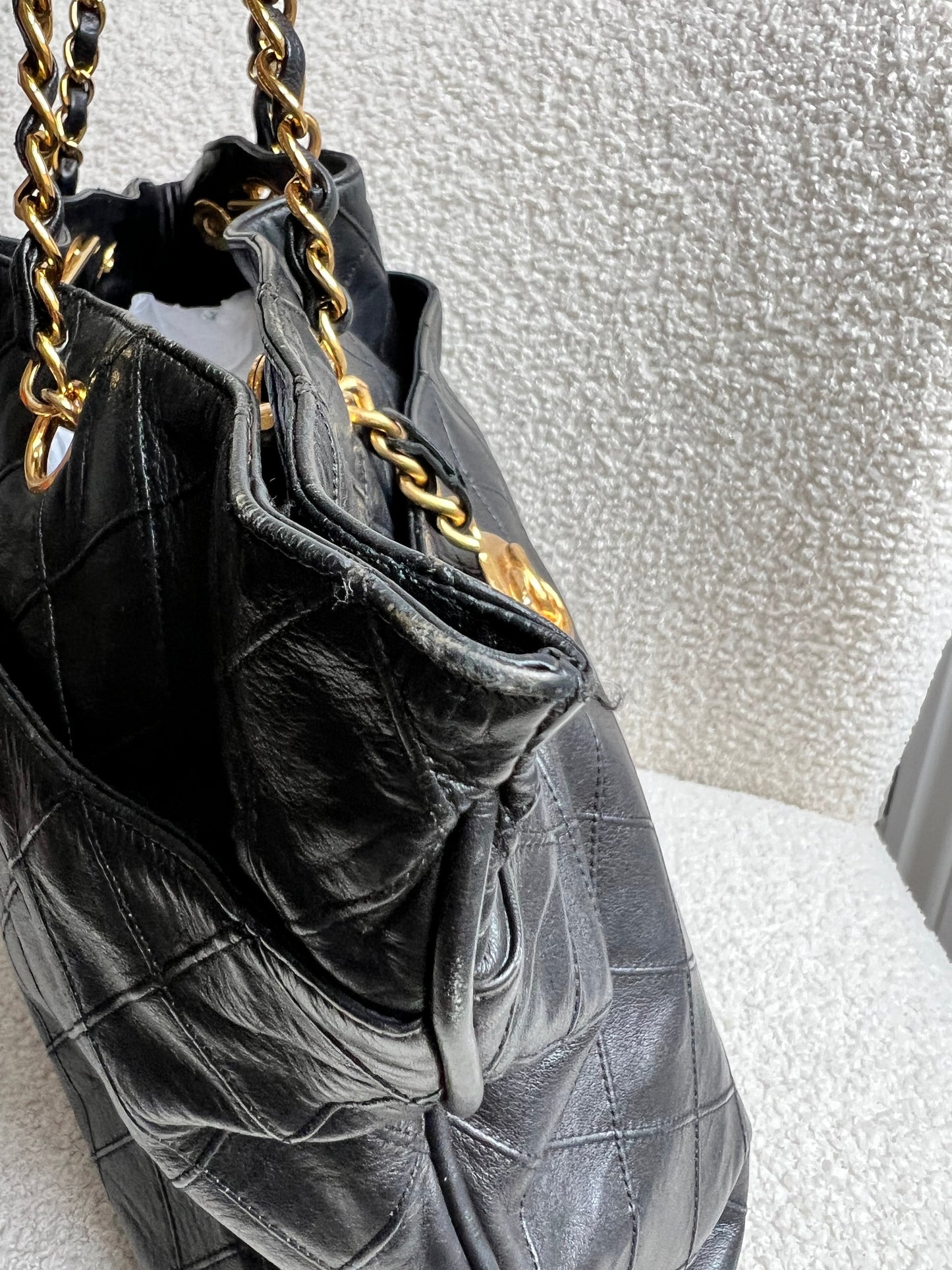 Chanel Vintage Black Lambskin Chain Tote with Gold Hardware