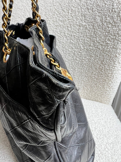 Chanel Vintage Black Lambskin Chain Tote with Gold Hardware