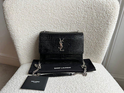 Yves Saint Laurent (YSL) Black Croc Medium Sunset with Silver Hardware (RRP £2,200)