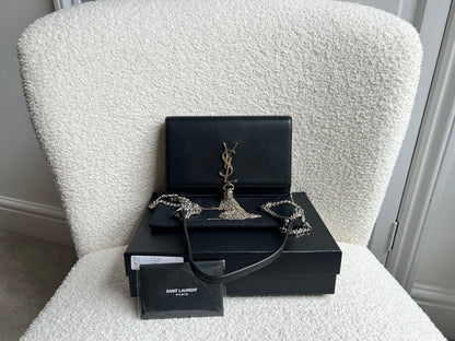 Yves Saint Laurent (YSL) Black Kate Tassel Chain Wallet Silver Hardware (RRP £1,440)