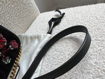 Gucci GG Black Velvet Embellished Marmont Mini Shoulder Bag