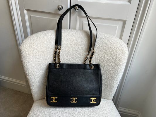 Chanel Vintage Black Caviar Chain Tote with 24k Gold Hardware