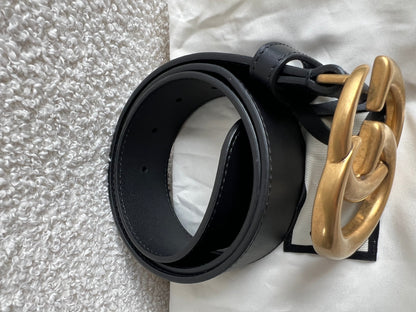 Gucci GG Marmont Black Wide Leather Belt with Shiny Gold Buckle (RRP £410)