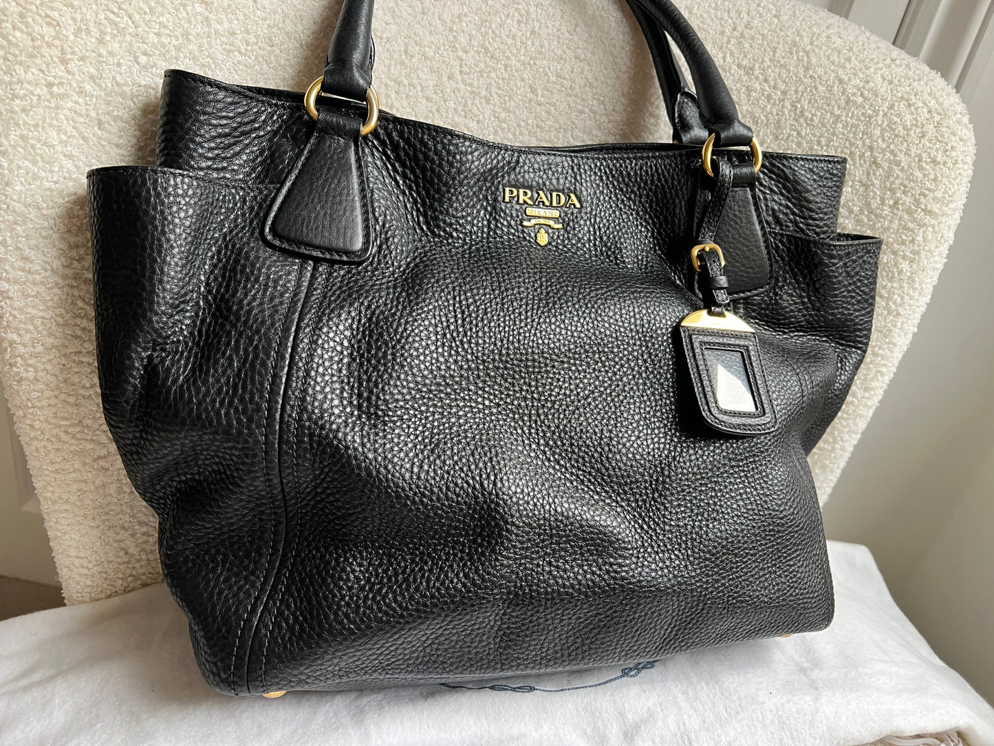 Prada Black Vitello Daino Side Pocket Tote