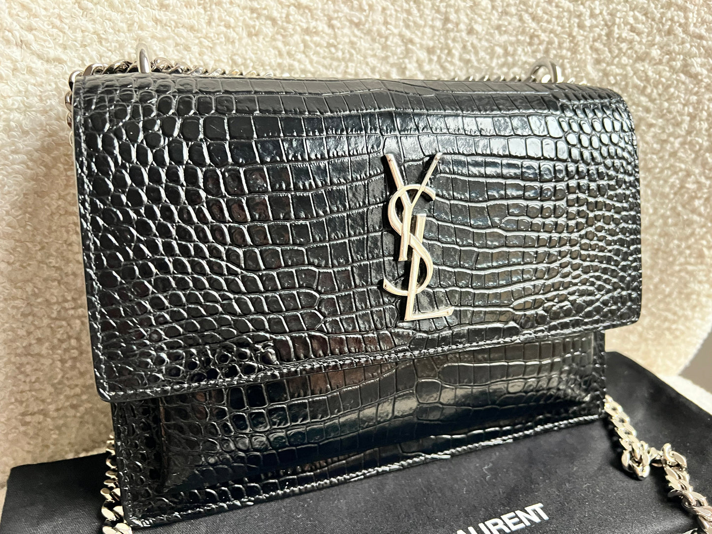 Yves Saint Laurent (YSL) Black Croc Medium Sunset with Silver Hardware (RRP £2,200)