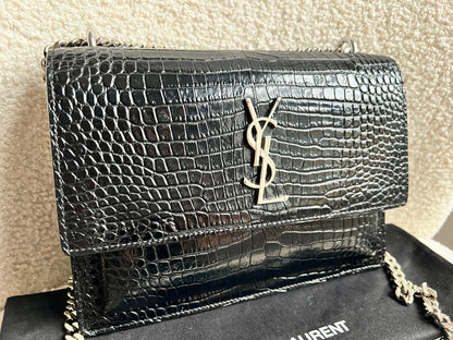Yves Saint Laurent (YSL) Black Croc Medium Sunset with Silver Hardware (RRP £2,200)