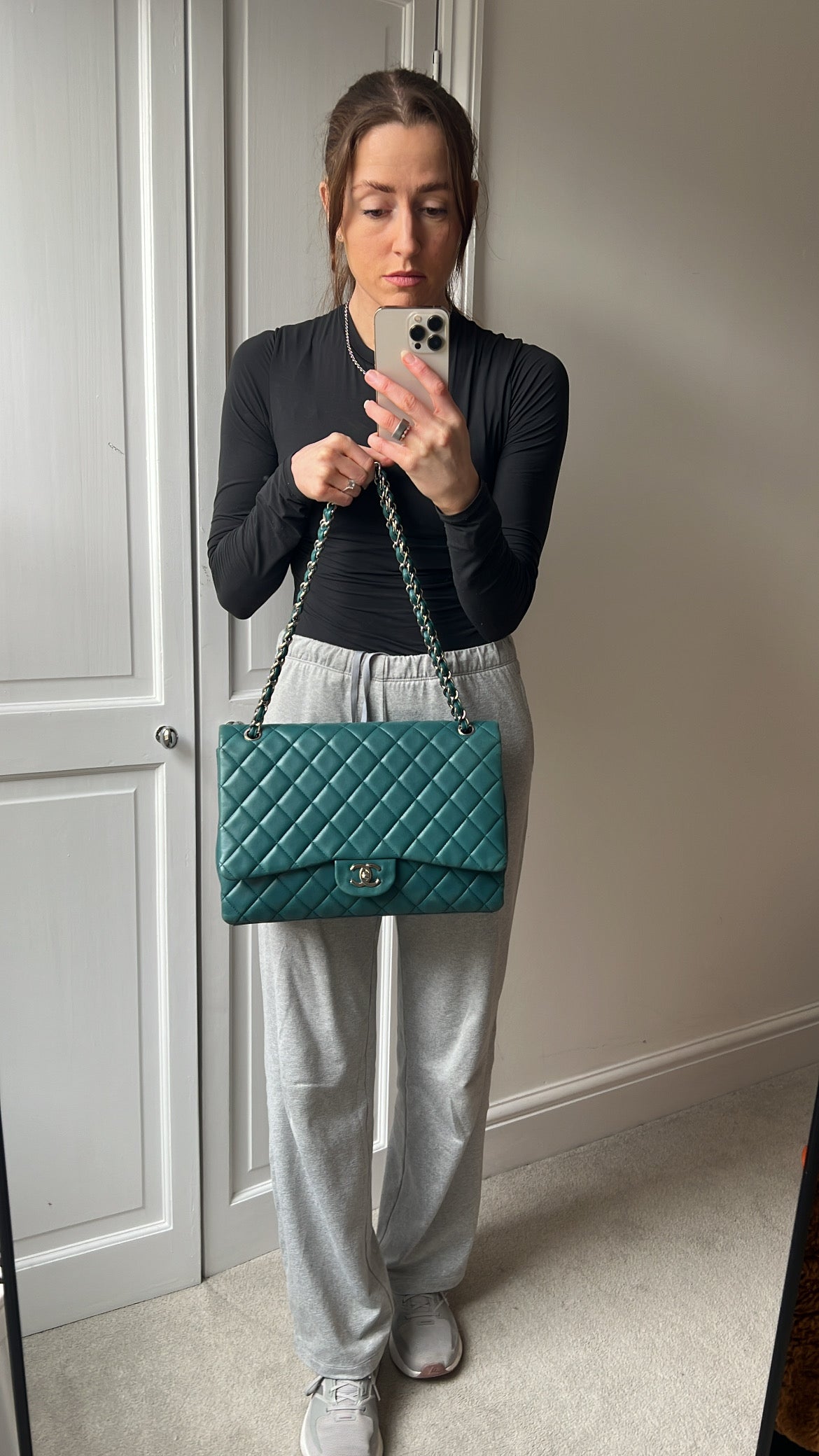 Chanel Maxi Single Flap in Teal Lambskin Silver Hardware