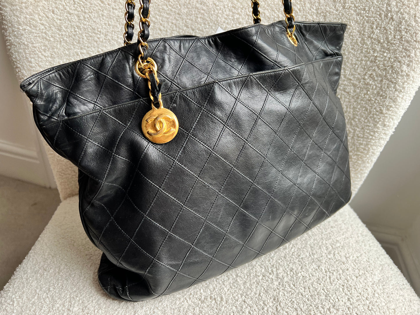 Chanel Vintage Black Lambskin Chain Tote with Gold Hardware