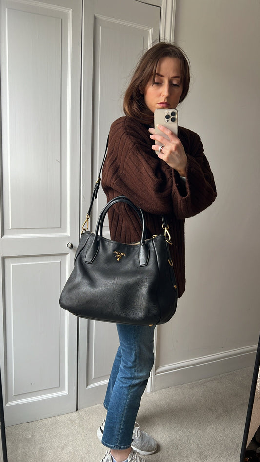 Prada Black Vitello Daino Leather Sacca 2 Manici Hobo Bag