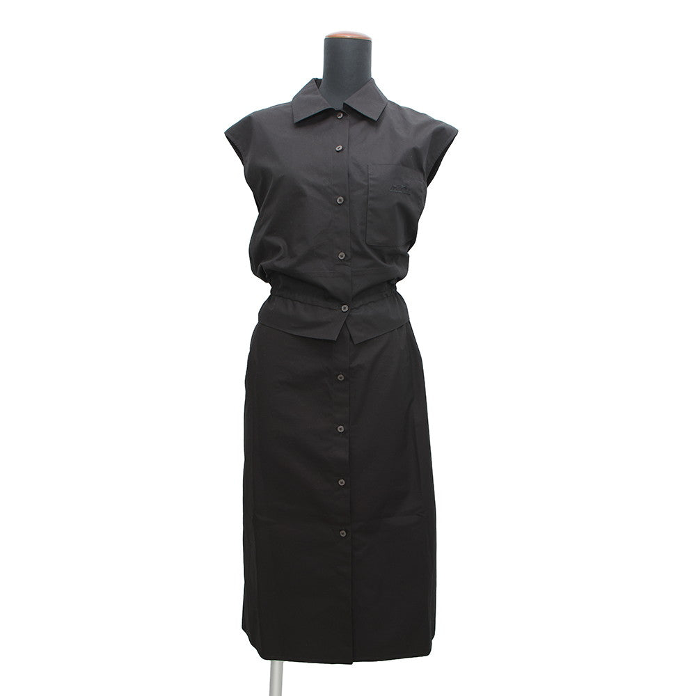 HERMES Caleche Embroidery Sleeveless Dress Size 40 Black Cotton100%