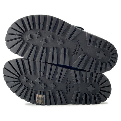 Sergio Rossi sr TWENTY BUCKLE Flat Sandals BlueB10390 Denim Crystal Size 37
