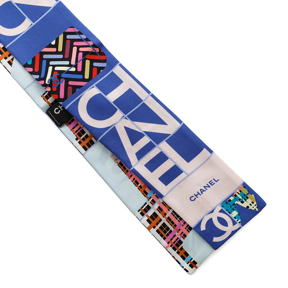 CHANEL Twilly Scarf all-over pattern Blue/Pink/Multicolor Silk100%