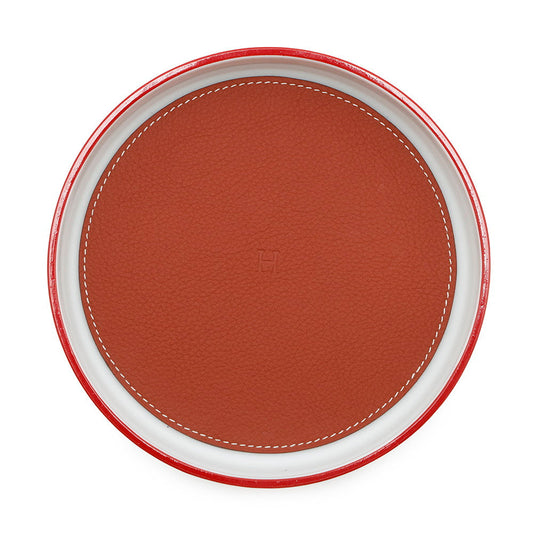 HERMES ★Round tray Circe Rose Namf Porcelain Taurillon Squirrel Size 6.3"