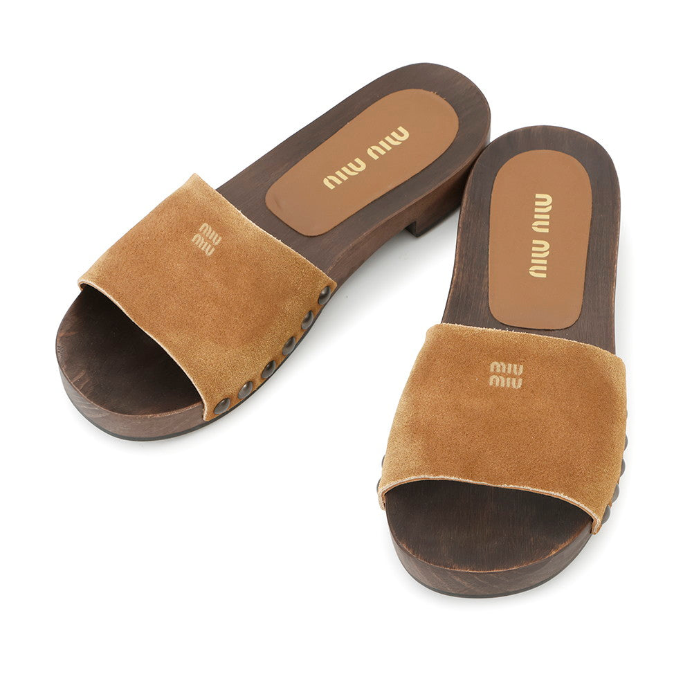 MIUMIU Faded Clog Sandals Brown5Z425E Suede Wood Size 37