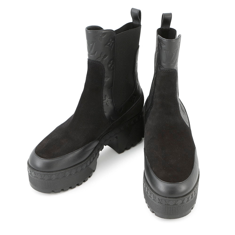 LOUIS VUITTON Laureate Boots Black1AC7W0 Monogram Empreinte Leather Suede Size 38