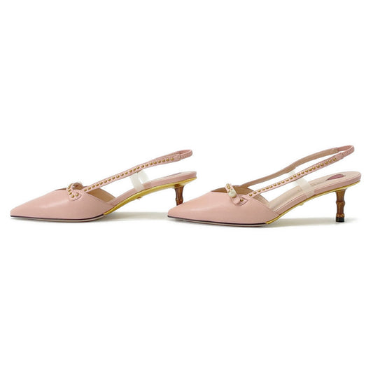 GUCCI Bamboo Heel Pumps Pink Leather Faux Pearl Size 34 1/2