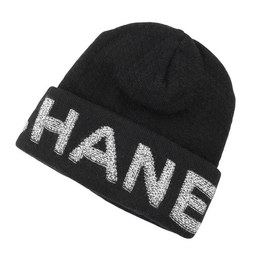 CHANEL Logo knit hat Black/Gray Wool 70% Cashmere30%
